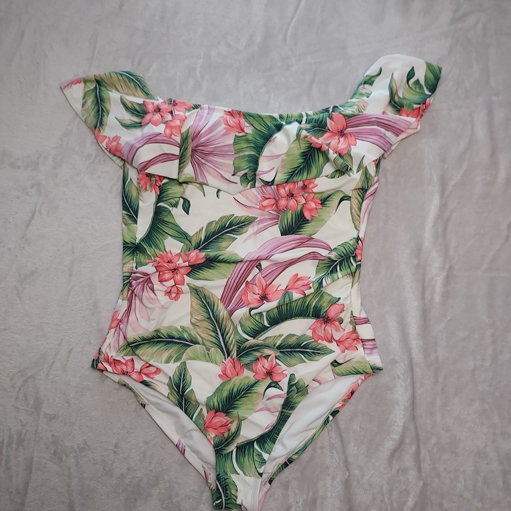 Kona Sol Tropical Floral One Piece Swimsuit L White Pink Ruffle Botanical Palm